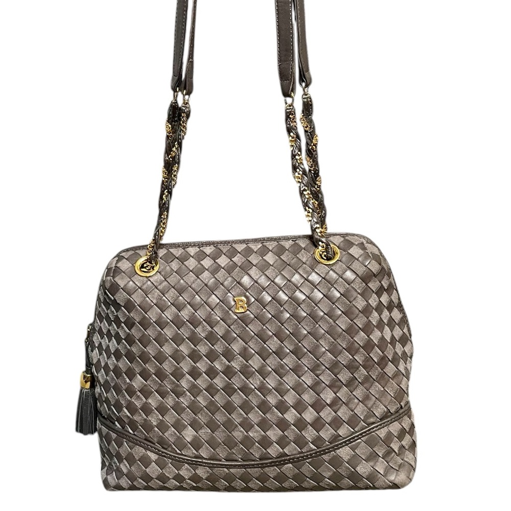 Bally Gray Woven Leather & Suede Vintage Intrecciato Double Strap Shoulder Bag
